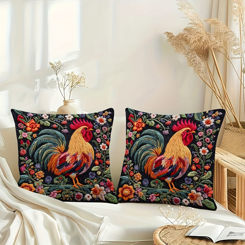 2pcs Ultra-Soft Short Plush Pillow Covers 18x18 Inch - Double-Sided Printed Rooster & Floral Design, Contemporary Farmhouse Decor for Sofa, Living Room, Bedroom - Zipper Closure, Machine Washable (No Insert Included), Sofa Accessories | Durable Fabric,