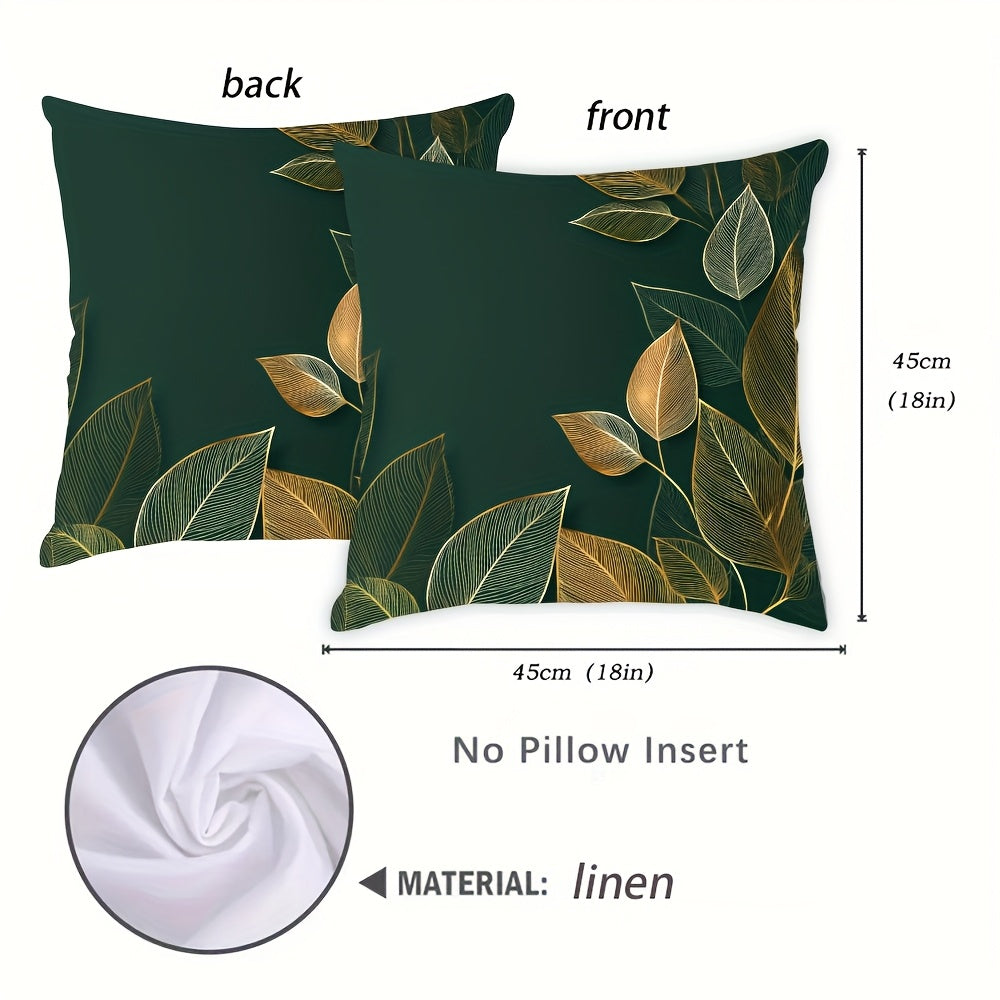 4pcs Botanical Emerald Green & Golden Leaves Pillow Covers - Large 18x18 Inch Luxury Cushion Covers with Hidden Zipper Closure, Deep Teal and Golden Accent Decor for Living Room, Bedroom, Sofa - Housewarming or Memorial Day Gifts - No Fringe Needed,