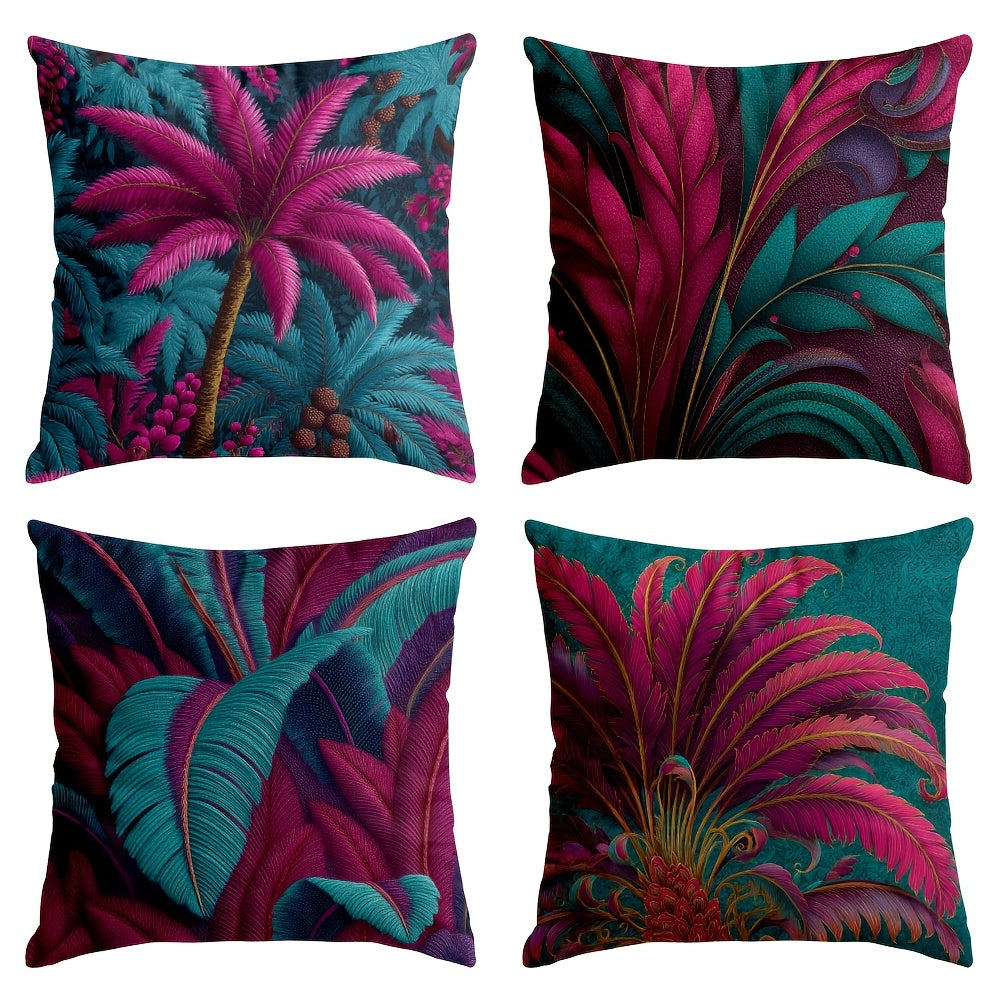 4pcs Tropical Palm Leaf Throw Pillow Covers - Double-Sided Printed Cushion Covers with Hidden Zipper Closure, Machine Washable - Teal Green, Pink, Purple, Blue - for Living Room, Dorm, Halloween Decor - No Embellishments Needed - Home Decoration Gift