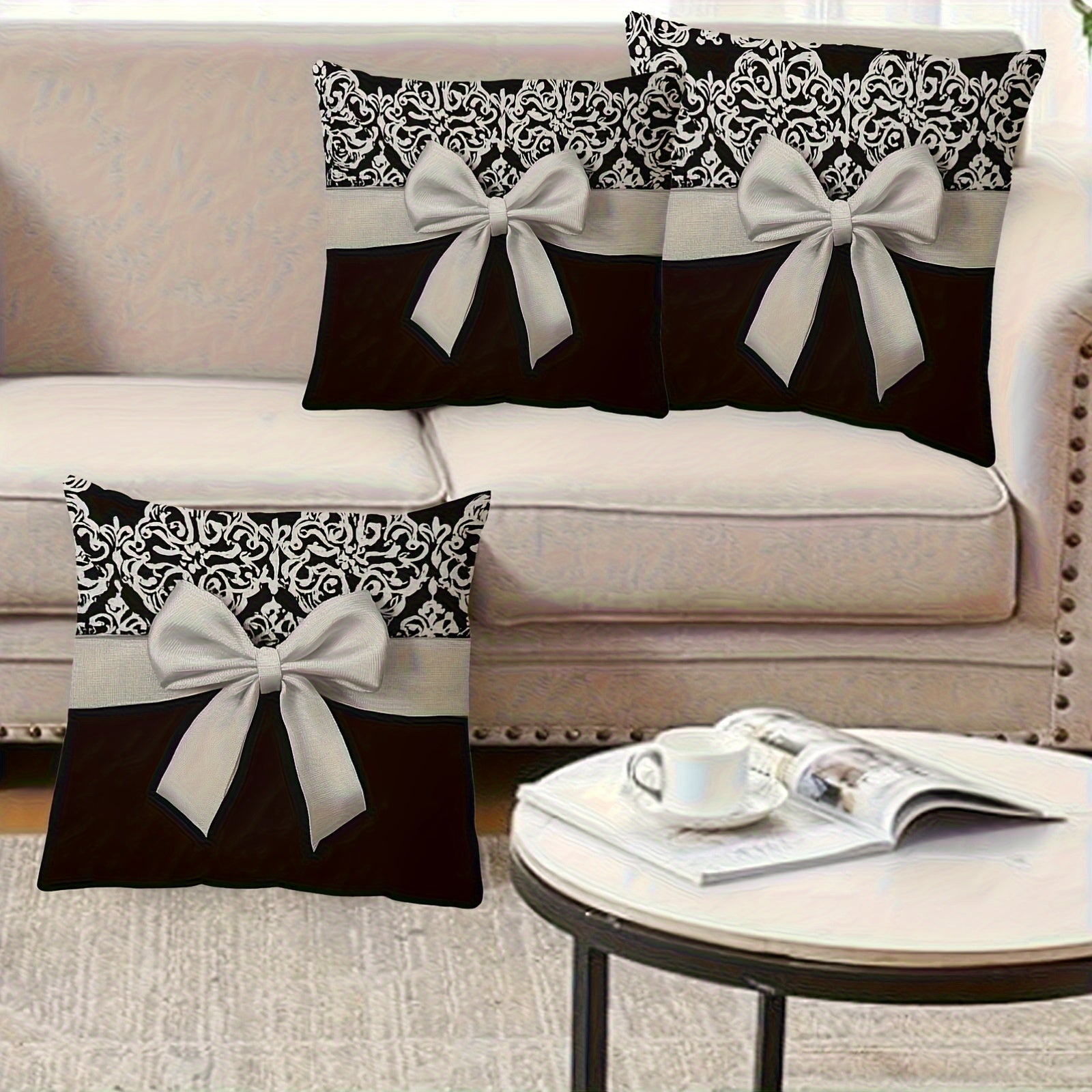 4pcs Modern Black and White European Pattern Bow Design Double-Sided Print Pillowcase, Soft Polyester Fabric, Size 17.72"x17.72", Machine Washable, Suitable for Sofa, Chair, Bed, Car, Living Room and Office Decorative Cushion Cover (Without Core)