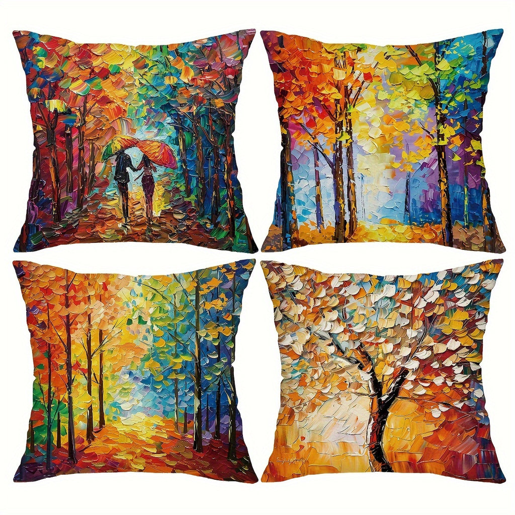 4pcs Geometric Oil Painting Tree Throw Pillow Cover Abstract Tree Decorative Pillow Cover Home Decor Sofa Sofa Living Room Bedroom - Double Sided Printing Polyester Material No Pillow Core