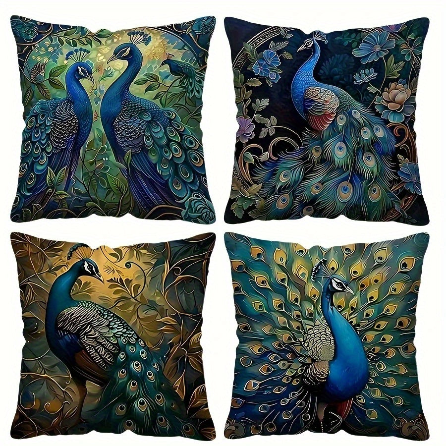 4pcs Vibrant Peacock Design Plush Pillow Covers - Double-Sided Digital Print, Zipper Closure, Machine Washable, Polyester - Ideal for Daily Use & Special Occasions like Valentine's, Mother'S Day, Independence Day, Halloween, Thanksgiving, Christmas,