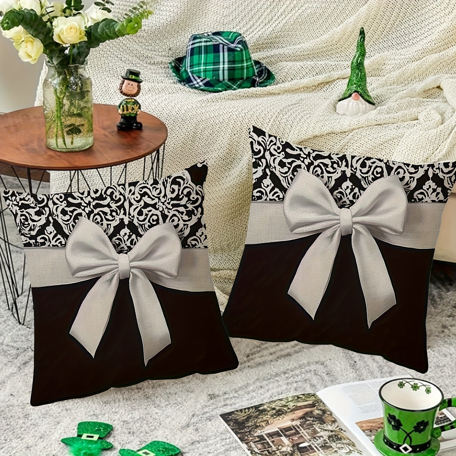 4pcs Modern Black and White European Pattern Bow Design Double-Sided Print Pillowcase, Soft Polyester Fabric, Size 17.72"x17.72", Machine Washable, Suitable for Sofa, Chair, Bed, Car, Living Room and Office Decorative Cushion Cover (Without Core)