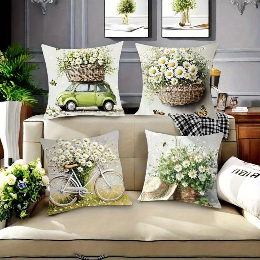 4pcs Vintage Daisy Print Pillow Covers, Double-Sided Digital Printing, Non-Embroidered, Machine Washable - Zipper Closure, Polyester, Ideal for Daily Use & Holiday Decor (Valentine's, Mother'S Day, Independence Day, Halloween, Thanksgiving, Christmas),