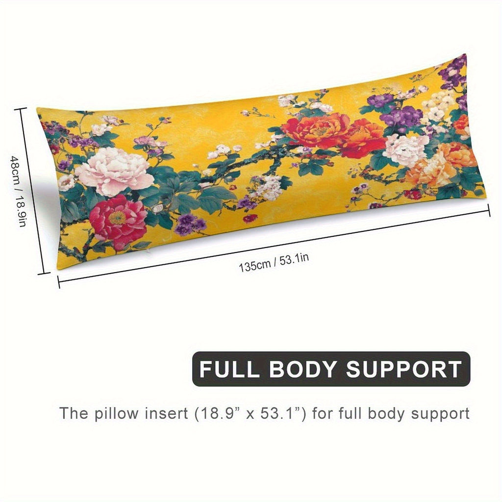 Extra Long Body Pillow Case - Mustard Yellow Floral Bouquet with Roses, Soft Plush Bed Cushion Cover for Queen/King Beds & Sofas, Machine Washable Large Pillowcase (20x54 Inches/51x137cm) - Home Decor Accent, Sofa Accessory, Cozy Cottage Style,