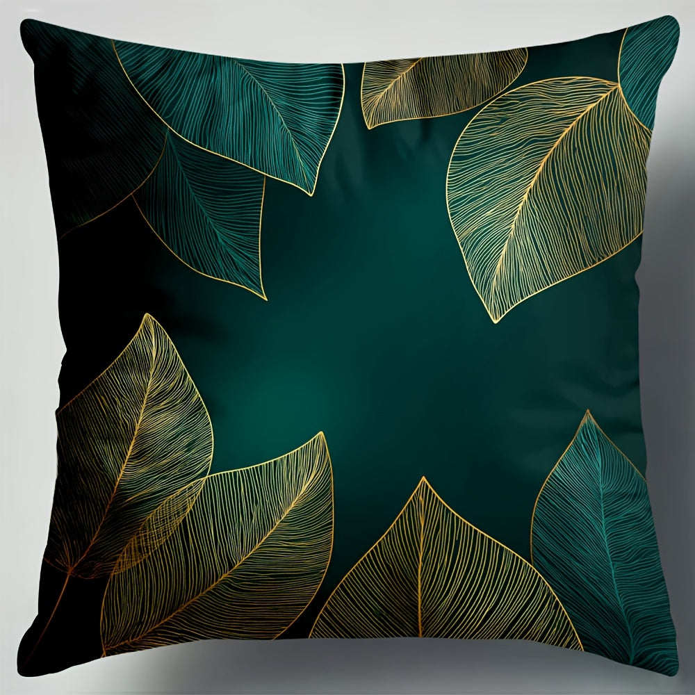 4pcs Botanical Emerald Green & Golden Leaves Pillow Covers - Large 18x18 Inch Luxury Cushion Covers with Hidden Zipper Closure, Deep Teal and Golden Accent Decor for Living Room, Bedroom, Sofa - Housewarming or Memorial Day Gifts - No Fringe Needed,