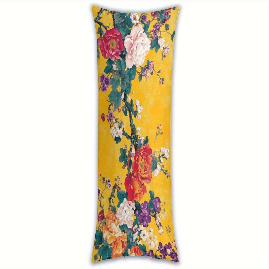 Extra Long Body Pillow Case - Mustard Yellow Floral Bouquet with Roses, Soft Plush Bed Cushion Cover for Queen/King Beds & Sofas, Machine Washable Large Pillowcase (20x54 Inches/51x137cm) - Home Decor Accent, Sofa Accessory, Cozy Cottage Style,