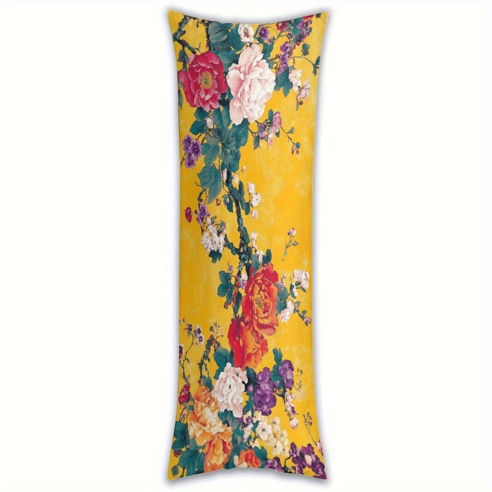 Extra Long Body Pillow Case - Mustard Yellow Floral Bouquet with Roses, Soft Plush Bed Cushion Cover for Queen/King Beds & Sofas, Machine Washable Large Pillowcase (20x54 Inches/51x137cm) - Home Decor Accent, Sofa Accessory, Cozy Cottage Style,
