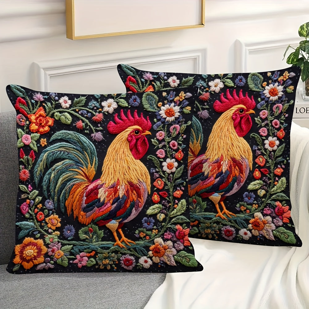 2pcs Ultra-Soft Short Plush Pillow Covers 18x18 Inch - Double-Sided Printed Rooster & Floral Design, Contemporary Farmhouse Decor for Sofa, Living Room, Bedroom - Zipper Closure, Machine Washable (No Insert Included), Sofa Accessories | Durable Fabric,