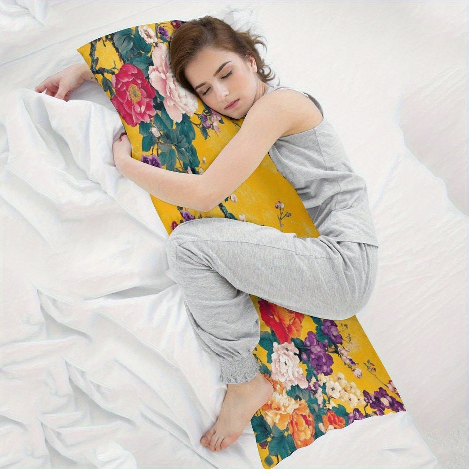 Extra Long Body Pillow Case - Mustard Yellow Floral Bouquet with Roses, Soft Plush Bed Cushion Cover for Queen/King Beds & Sofas, Machine Washable Large Pillowcase (20x54 Inches/51x137cm) - Home Decor Accent, Sofa Accessory, Cozy Cottage Style,