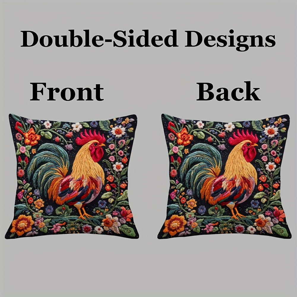 2pcs Ultra-Soft Short Plush Pillow Covers 18x18 Inch - Double-Sided Printed Rooster & Floral Design, Contemporary Farmhouse Decor for Sofa, Living Room, Bedroom - Zipper Closure, Machine Washable (No Insert Included), Sofa Accessories | Durable Fabric,