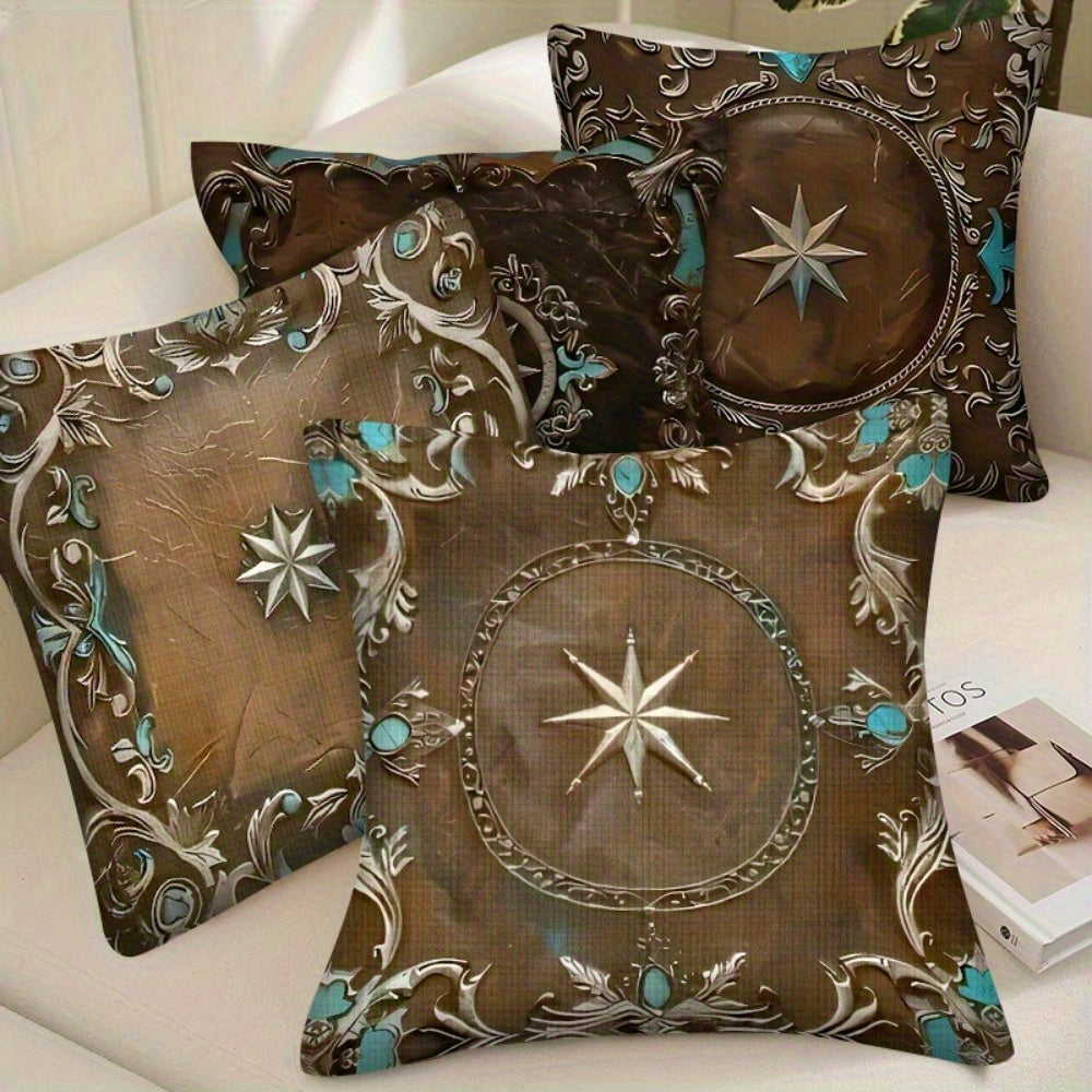 4pcs Throw Pillow Covers Vintage Cowboy Style Pillow Covers - Soft and Durable Brown Sky Blue Pattern - Suitable for Sofa, Car, Bedroom, Living Room and Office Decoration - Double-sided printing does not include pillow core
