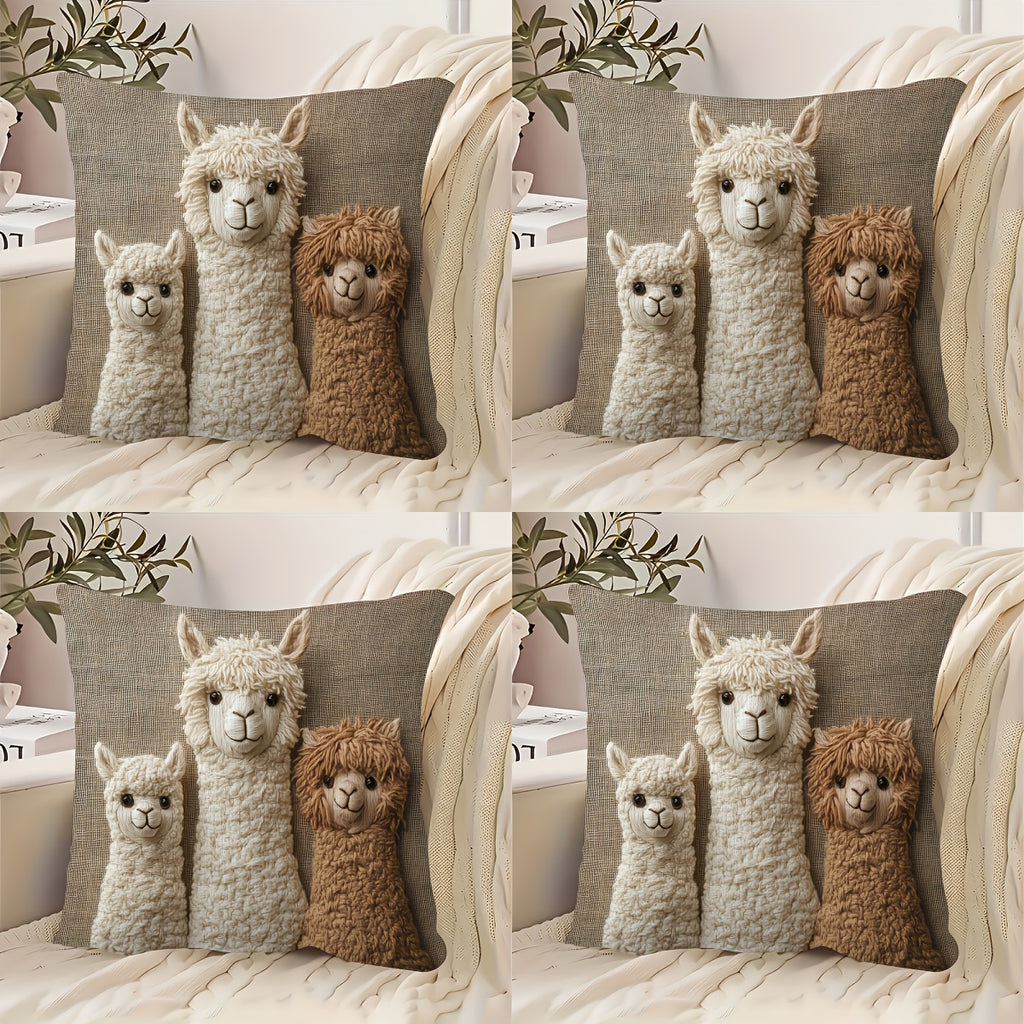 4 Bohemian Alpaca Pillow Covers 18x18 Inches - Ultra-Soft Plush Double-Sided Print, Set of 3 Cute White/Brown/Black Alpacas, Machine Washable Polyester with Zipper Closure, Vintage Home Decor Suitable for Living Room, Bedroom, Nursery, Comfort Bedding