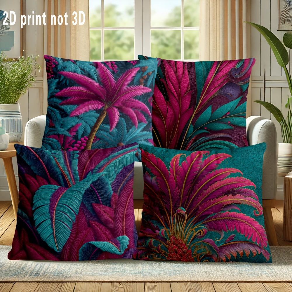 4pcs Tropical Palm Leaf Throw Pillow Covers - Double-Sided Printed Cushion Covers with Hidden Zipper Closure, Machine Washable - Teal Green, Pink, Purple, Blue - for Living Room, Dorm, Halloween Decor - No Embellishments Needed - Home Decoration Gift