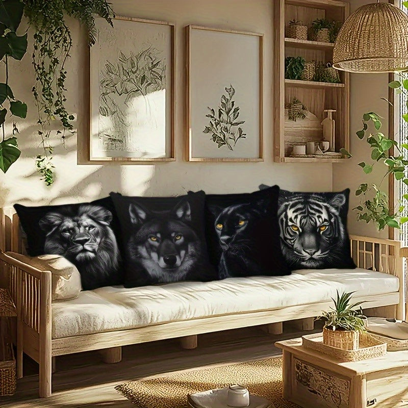 4pcs Double-Sided Printed Pillow Covers - Wolf, Lion, Tiger & Bear Designs in Black & White, Soft Polyester Material with Zipper Closure, Ideal for Sofas, Beds, and Car Interiors, Contemporary Style for Various Room Decorations, Decorative Pillows |
