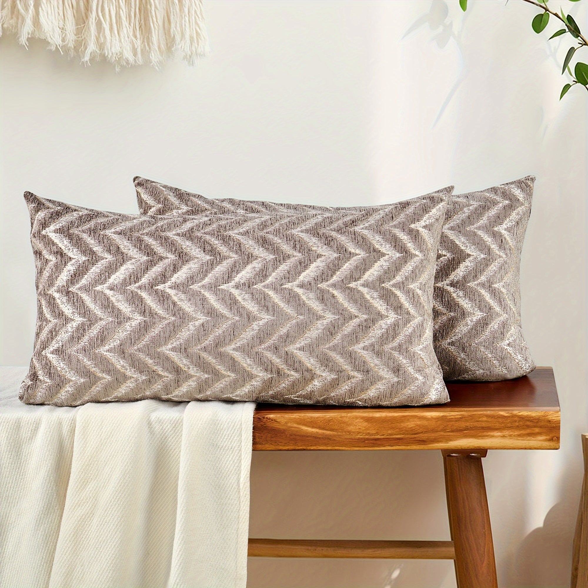2pcs Double-Sided Chevron Pattern Jacquard Throw Pillow Covers in Blue, Gray, and Beige - Soft Chenille Texture, Decorative Cushion Covers for Sofa, Couch, Chair, Living Room, Bedroom Decor (Inserts Not Included), Living Room Decor|Modern Home