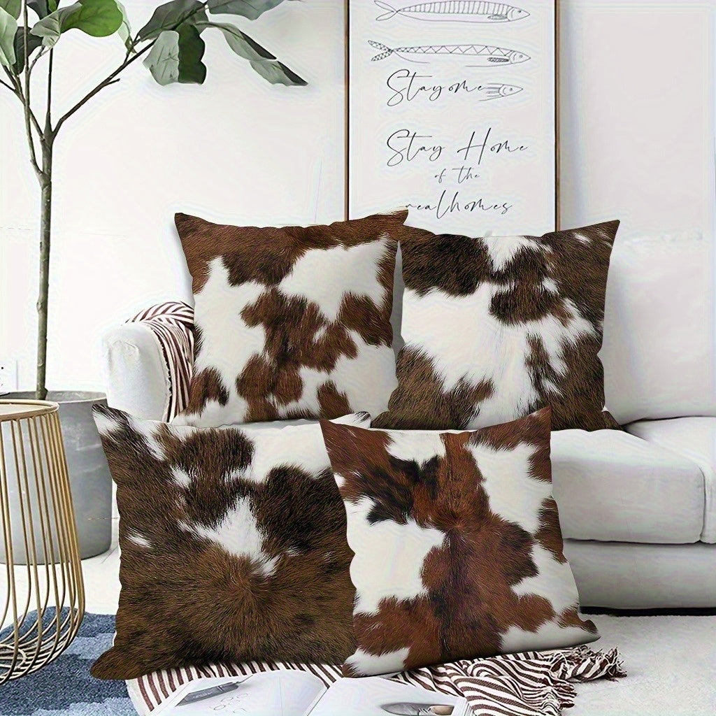 4pcs Double-Sided Cowhide Print Pillow Covers - Soft Plush Retro Animal Print Cushion Cases with Zipper Closure, Machine Washable, Multiple Sizes for Living Room, Bedroom, Sofa Decor, Farmhouse Pillow Covers, Bedroom Accessories, Rustic Home Decor,
