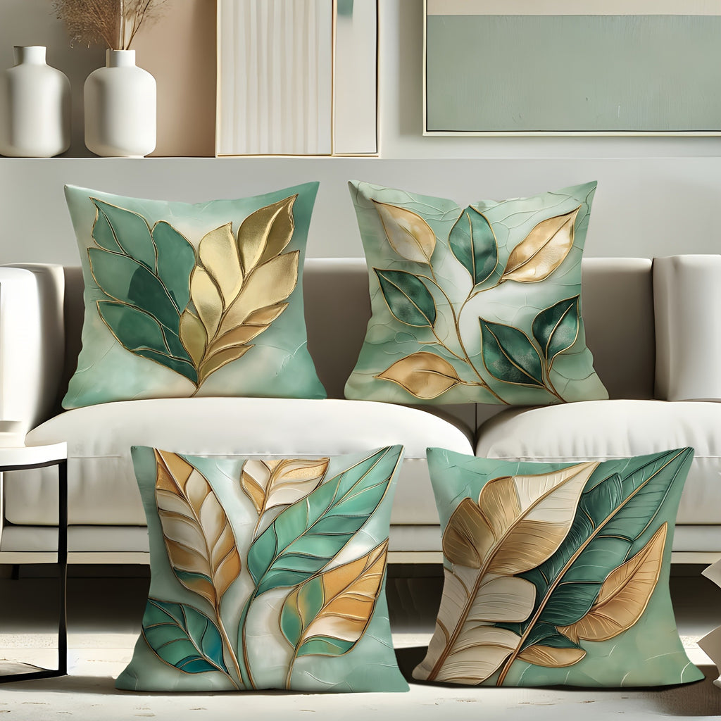 4pcs-4pcs velvet pillowcase set, 3D leaf design, modern sage green and gold, soft and comfortable decorative pillowcase, suitable for living room, bedroom, sofa or bed decoration, single-sided printing, no inserts, pillow decoration