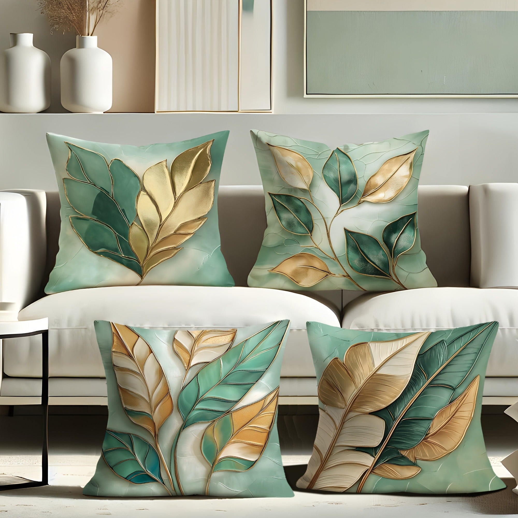 4pcs-4pcs velvet pillowcase set, 3D leaf design, modern sage green and gold, soft and comfortable decorative pillowcase, suitable for living room, bedroom, sofa or bed decoration, single-sided printing, no inserts, pillow decoration