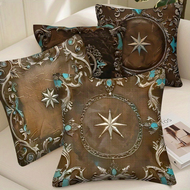 4pcs Throw Pillow Covers Vintage Cowboy Style Pillow Covers - Soft and Durable Brown Sky Blue Pattern - Suitable for Sofa, Car, Bedroom, Living Room and Office Decoration - Double-sided printing does not include pillow core