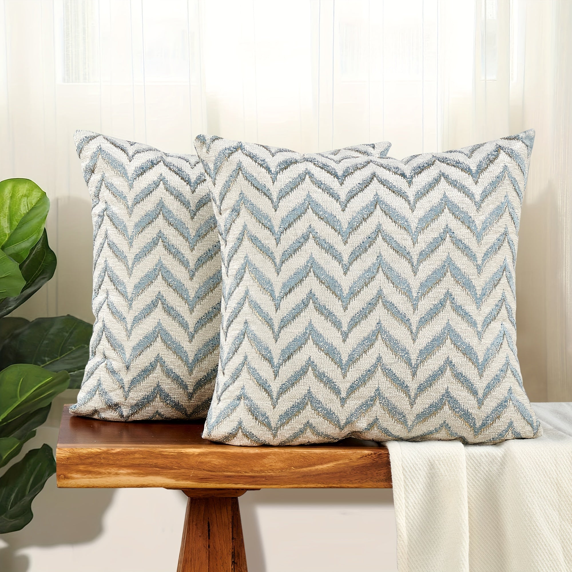2pcs Double-Sided Chevron Pattern Jacquard Throw Pillow Covers in Blue, Gray, and Beige - Soft Chenille Texture, Decorative Cushion Covers for Sofa, Couch, Chair, Living Room, Bedroom Decor (Inserts Not Included), Living Room Decor|Modern Home
