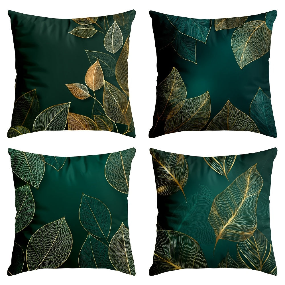 4pcs Botanical Emerald Green & Golden Leaves Pillow Covers - Large 18x18 Inch Luxury Cushion Covers with Hidden Zipper Closure, Deep Teal and Golden Accent Decor for Living Room, Bedroom, Sofa - Housewarming or Memorial Day Gifts - No Fringe Needed,
