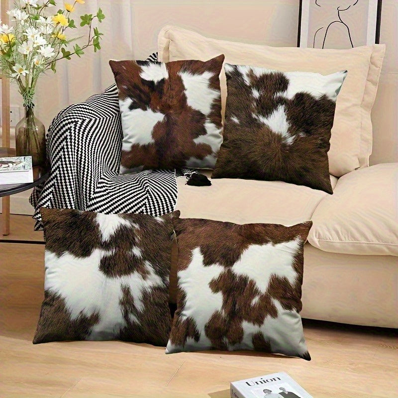 4pcs Double-Sided Cowhide Print Pillow Covers - Soft Plush Retro Animal Print Cushion Cases with Zipper Closure, Machine Washable, Multiple Sizes for Living Room, Bedroom, Sofa Decor, Farmhouse Pillow Covers, Bedroom Accessories, Rustic Home Decor,