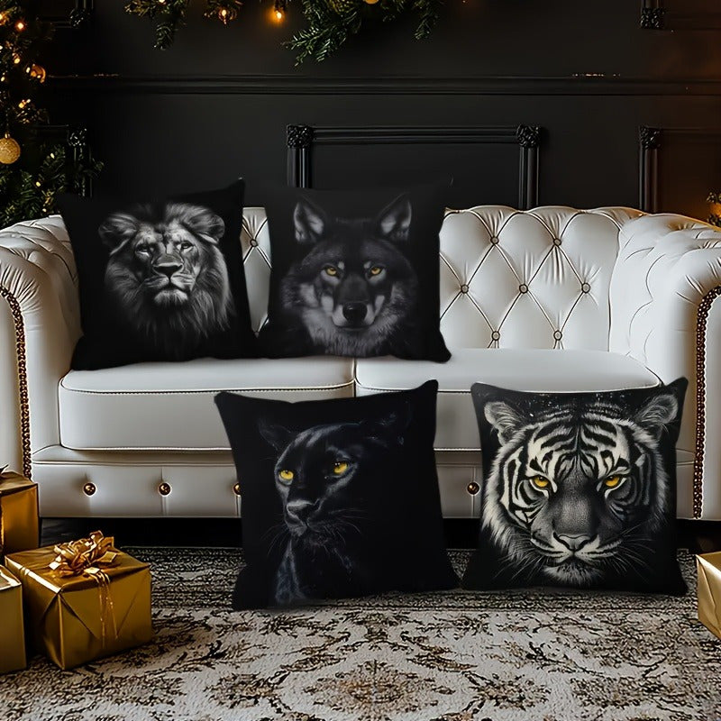 4pcs Double-Sided Printed Pillow Covers - Wolf, Lion, Tiger & Bear Designs in Black & White, Soft Polyester Material with Zipper Closure, Ideal for Sofas, Beds, and Car Interiors, Contemporary Style for Various Room Decorations, Decorative Pillows |
