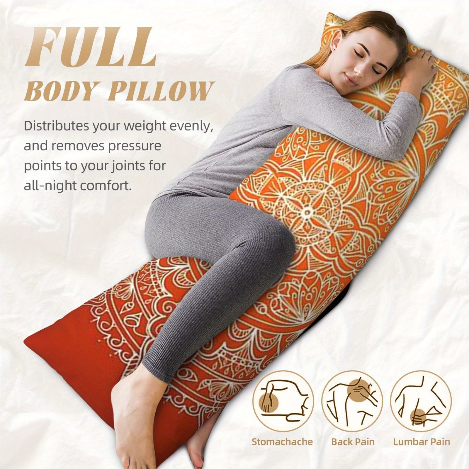 [Mandala Pillow Cover] Vibrant Orange Mandala Double-Sided Body Pillow Cover - 50.8x137.16 cm, Short Pile, Zipper Closure, Ideal for Sofa, Bedroom, and Outdoor Decor, Decorative Pillow Covers, Mandala Pattern, Zippered Pillowcase, Decorative Pillows