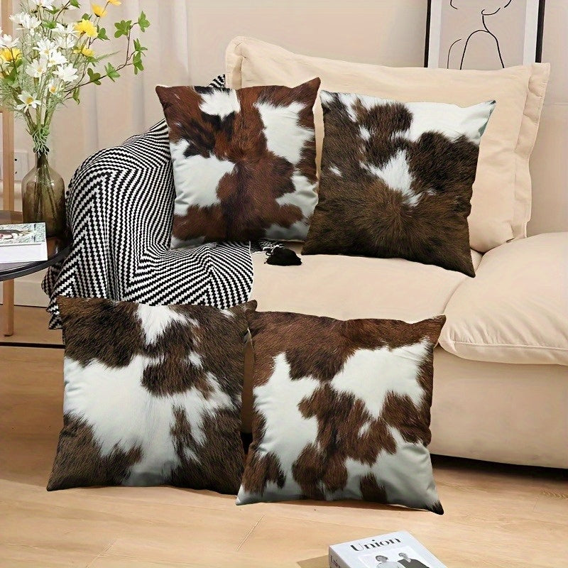 4pcs Double-Sided Cowhide Print Pillow Covers - Soft Plush Retro Animal Print Cushion Cases with Zipper Closure, Machine Washable, Multiple Sizes for Living Room, Bedroom, Sofa Decor, Farmhouse Pillow Covers, Bedroom Accessories, Rustic Home Decor,