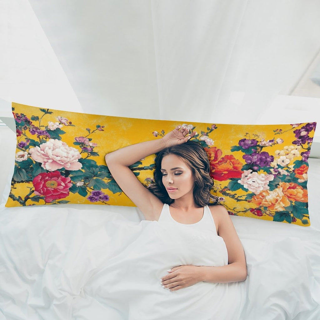 Extra Long Body Pillow Case - Mustard Yellow Floral Bouquet with Roses, Soft Plush Bed Cushion Cover for Queen/King Beds & Sofas, Machine Washable Large Pillowcase (20x54 Inches/51x137cm) - Home Decor Accent, Sofa Accessory, Cozy Cottage Style,