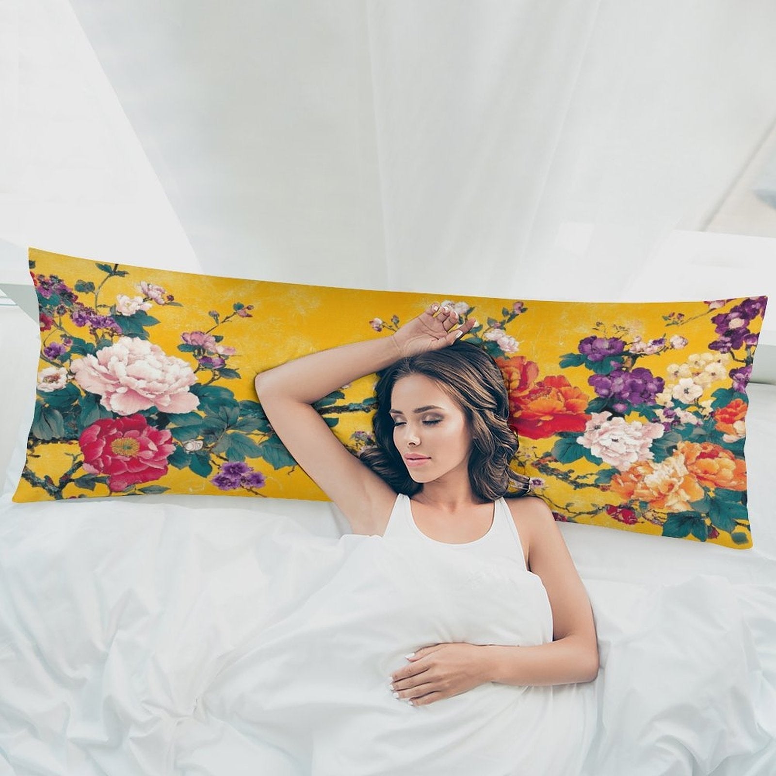 Extra Long Body Pillow Case - Mustard Yellow Floral Bouquet with Roses, Soft Plush Bed Cushion Cover for Queen/King Beds & Sofas, Machine Washable Large Pillowcase (20x54 Inches/51x137cm) - Home Decor Accent, Sofa Accessory, Cozy Cottage Style,