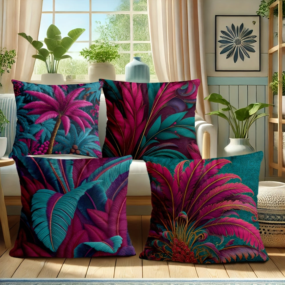 4pcs Tropical Palm Leaf Throw Pillow Covers - Double-Sided Printed Cushion Covers with Hidden Zipper Closure, Machine Washable - Teal Green, Pink, Purple, Blue - for Living Room, Dorm, Halloween Decor - No Embellishments Needed - Home Decoration Gift