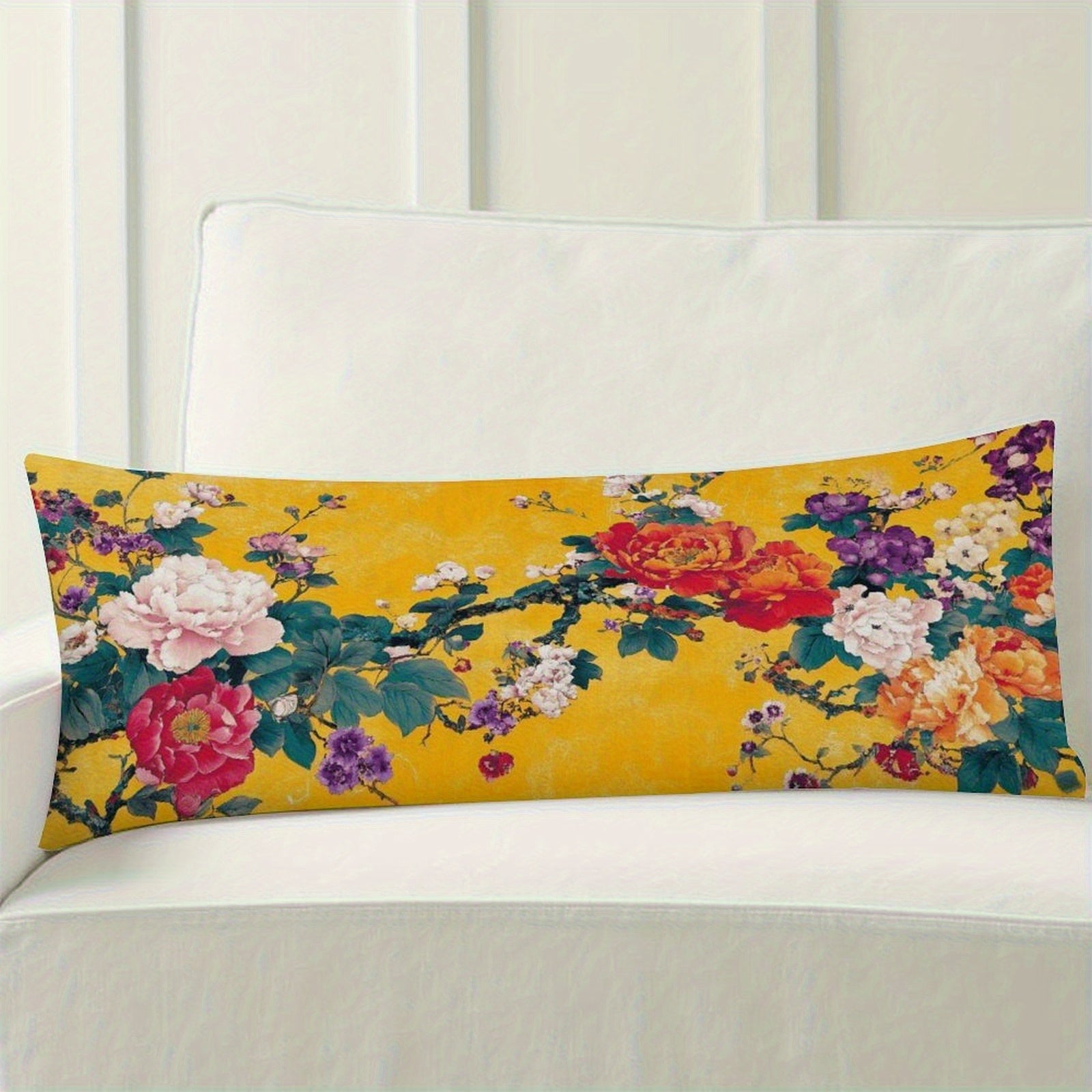 Extra Long Body Pillow Case - Mustard Yellow Floral Bouquet with Roses, Soft Plush Bed Cushion Cover for Queen/King Beds & Sofas, Machine Washable Large Pillowcase (20x54 Inches/51x137cm) - Home Decor Accent, Sofa Accessory, Cozy Cottage Style,