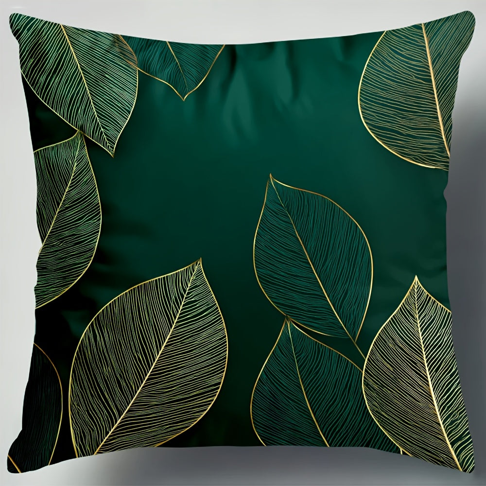 4pcs Botanical Emerald Green & Golden Leaves Pillow Covers - Large 18x18 Inch Luxury Cushion Covers with Hidden Zipper Closure, Deep Teal and Golden Accent Decor for Living Room, Bedroom, Sofa - Housewarming or Memorial Day Gifts - No Fringe Needed,