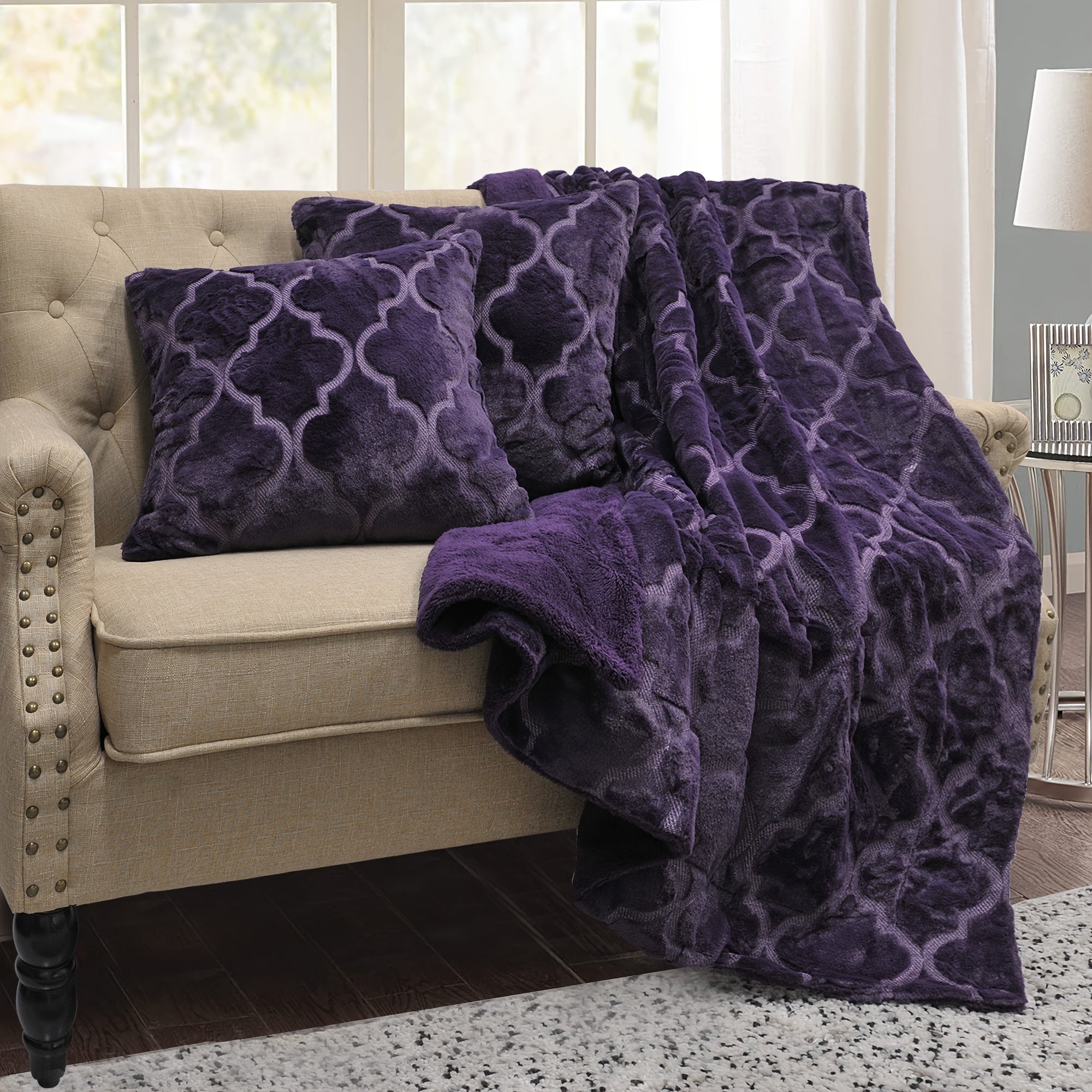 3 Piece Throw Combo - 2 Pillow Cover & 1 Throw Blanket Combo With Sherpa Backing, All-Season Comfort, Plush Fuzzy Soft Warm - For Home & Travel - Perfect Gift for Family & Friends